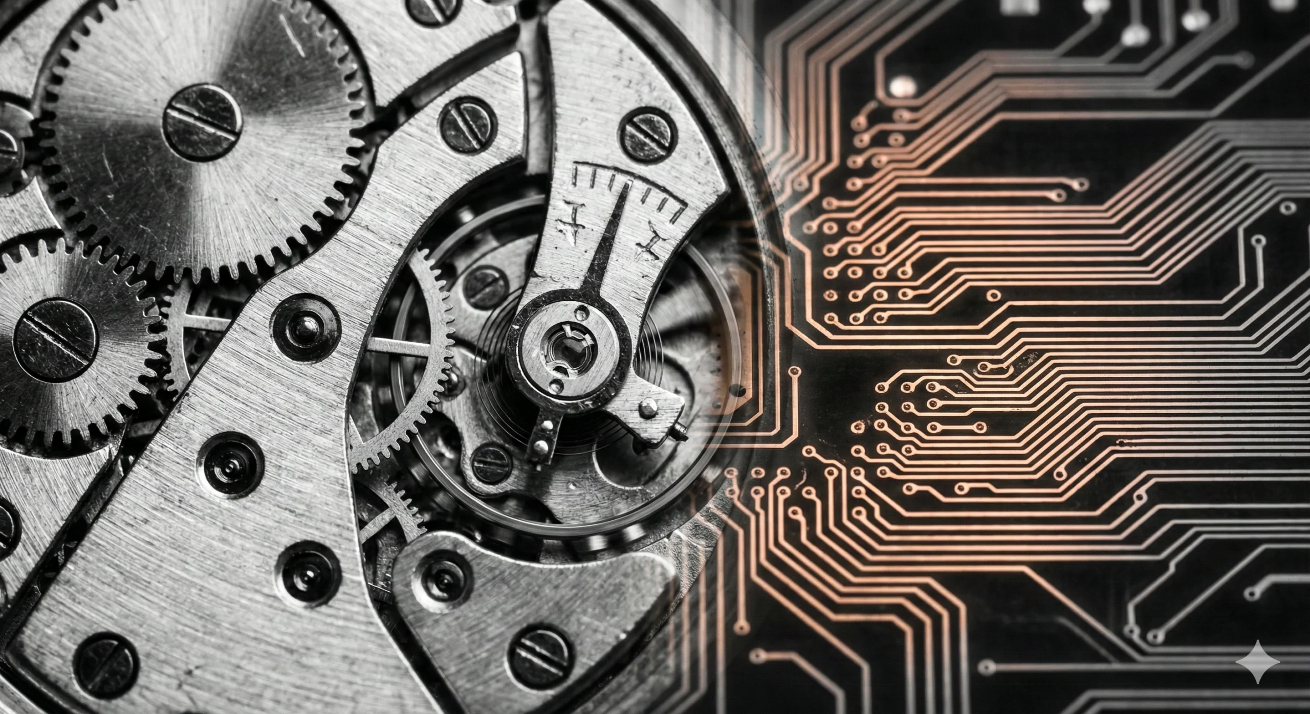 Close up of mechanical gears merging with digital circuitry.