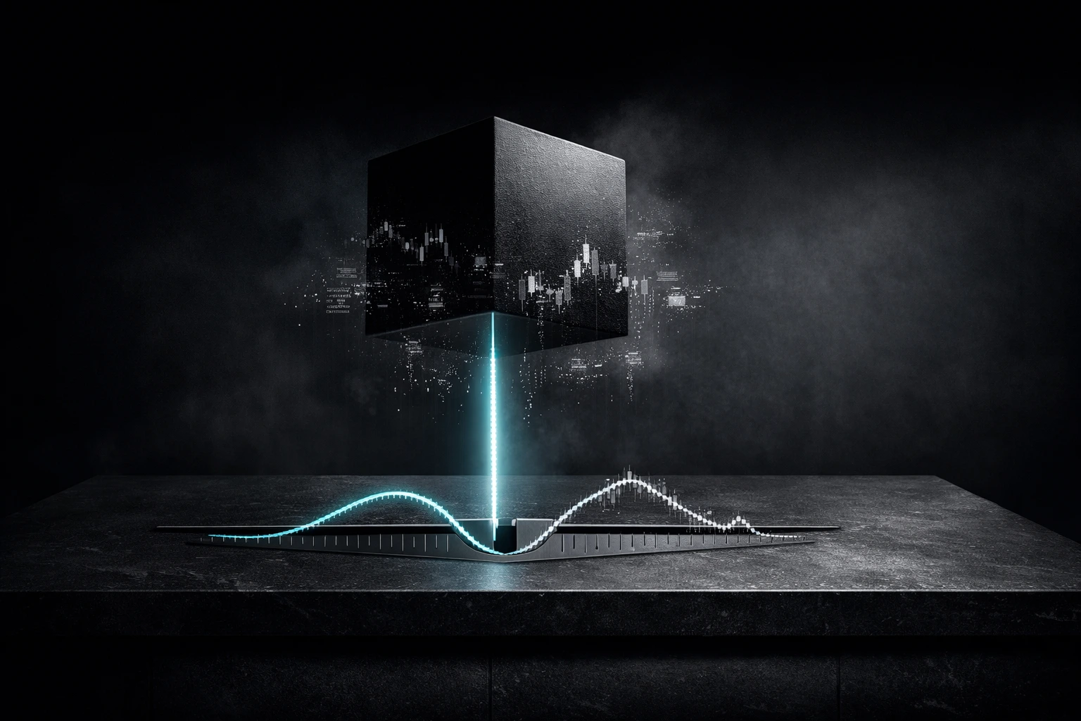 Black-box AI cube projecting noisy market data over a valuation curve, illustrating the Hallucination Premium.