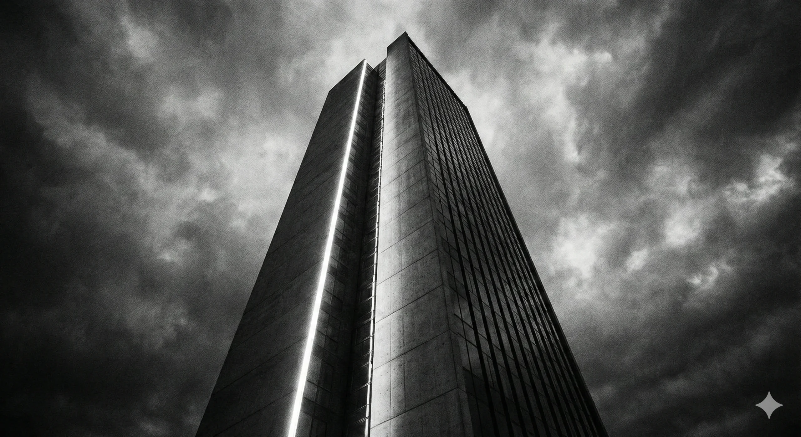 A resilient modern structure standing firm against a stormy backdrop.