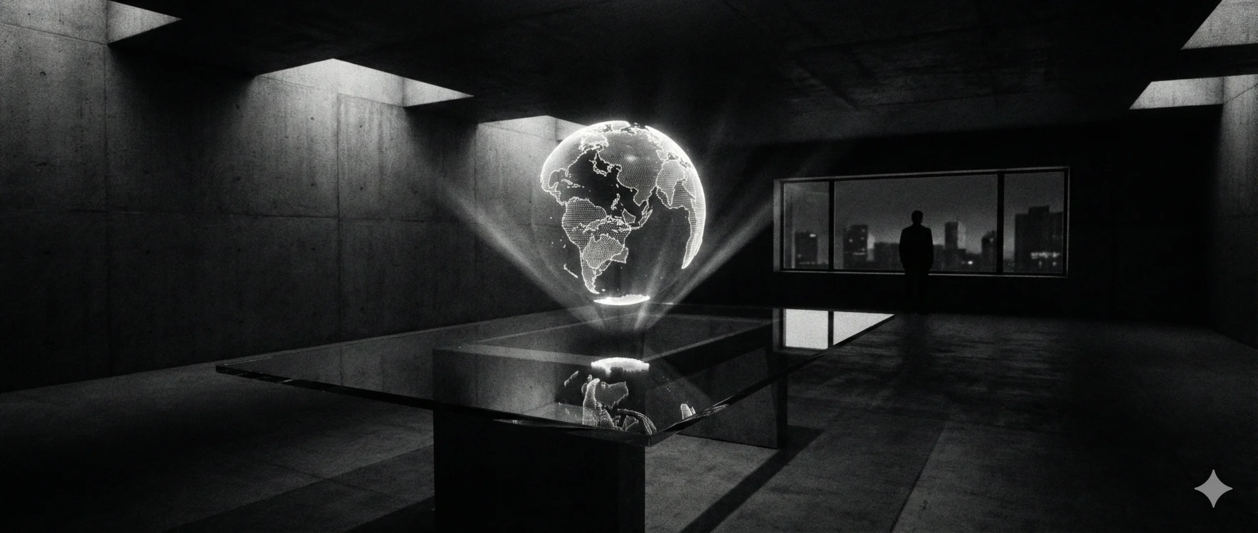 A futuristic, dimly lit strategy room featuring a holographic global data map representing strategic foresight.