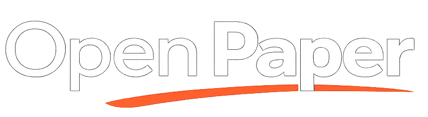 OpenPaper wordmark logo, white text with orange verification underline